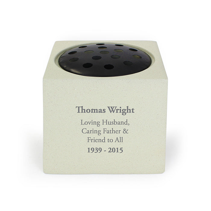 Personalised Graveside and Memorial Flower Holder. Cream coloured stone effect resin. 13.8cm/5.5inch square.