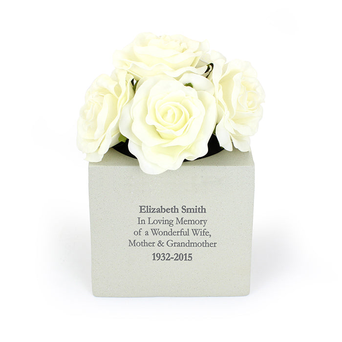 Personalised Graveside and Memorial Flower Holder. Cream coloured stone effect resin. 13.8cm/5.5inch square. Illustrated containing white roses.