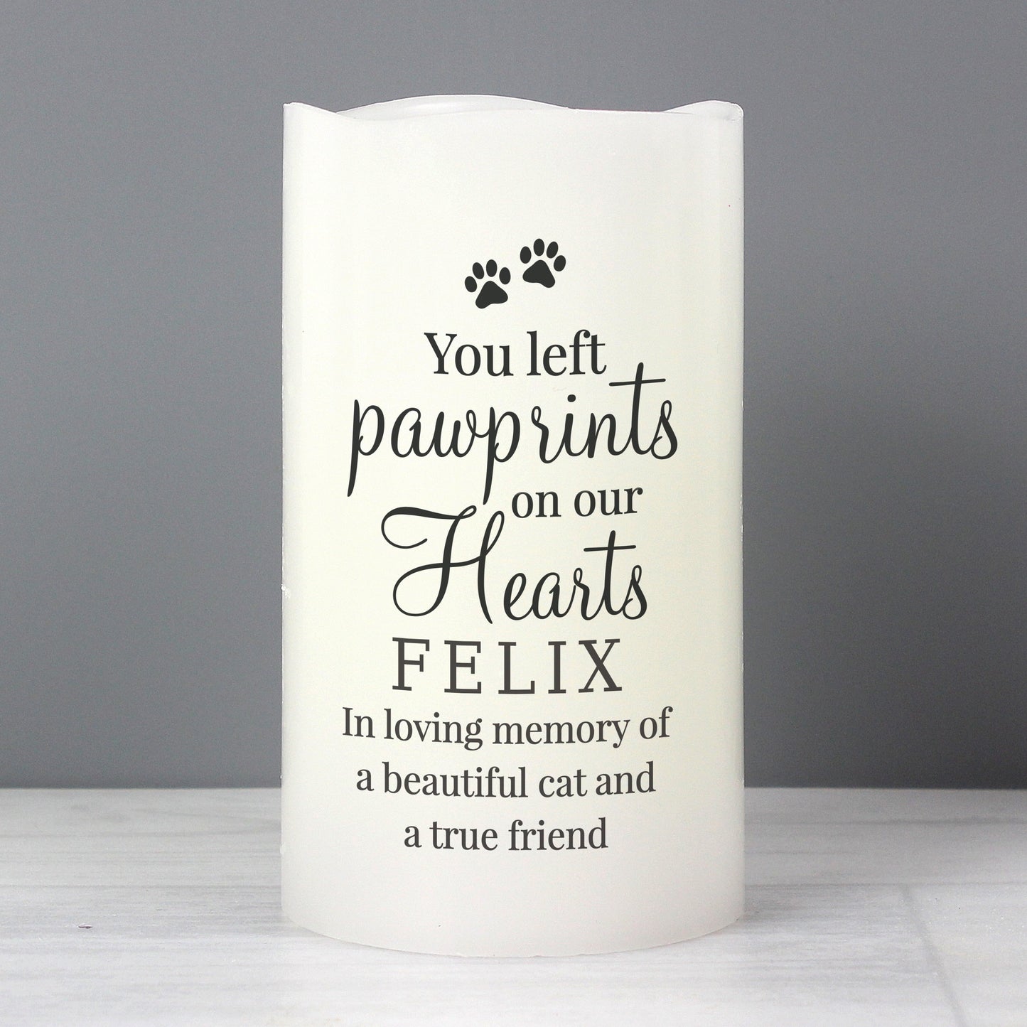 Personalised Memorial LED Candle, 'You left Pawprints on our Hearts' Sentiment