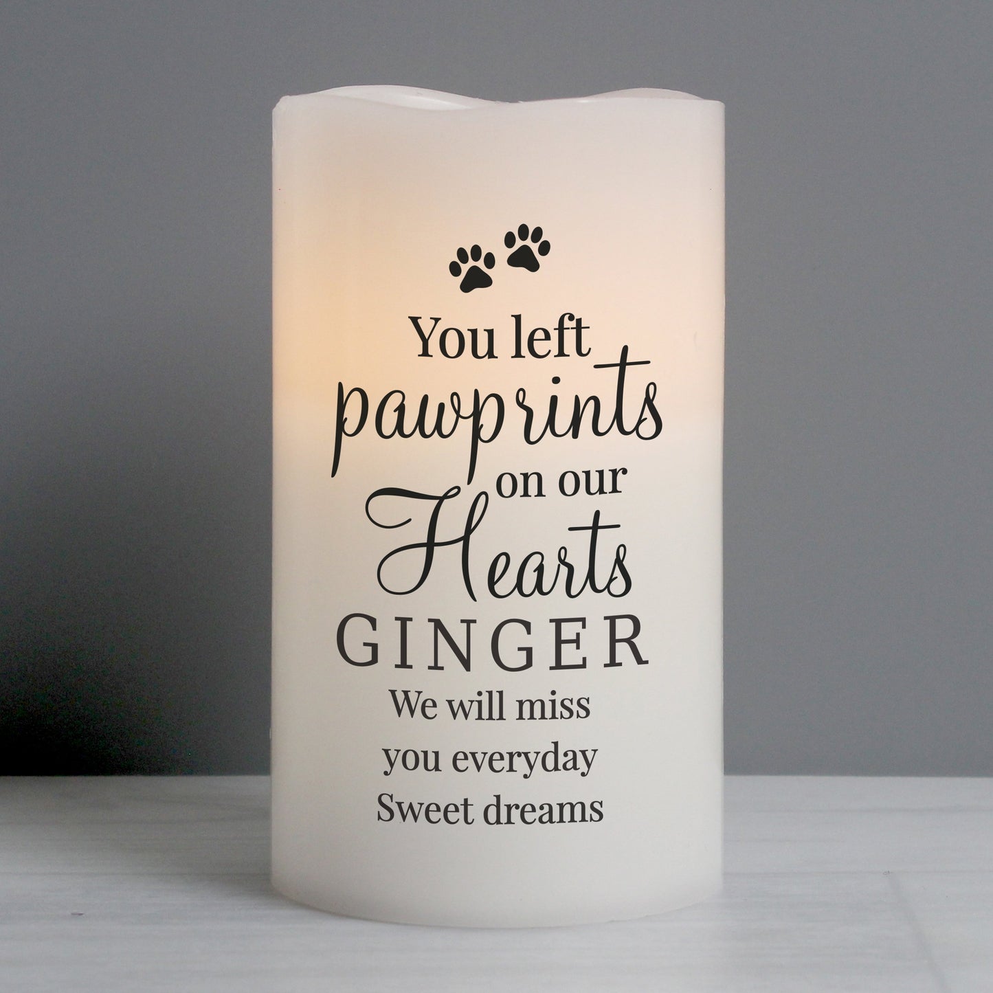 Personalised Memorial LED Candle, 'You left Pawprints on our Hearts' Sentiment