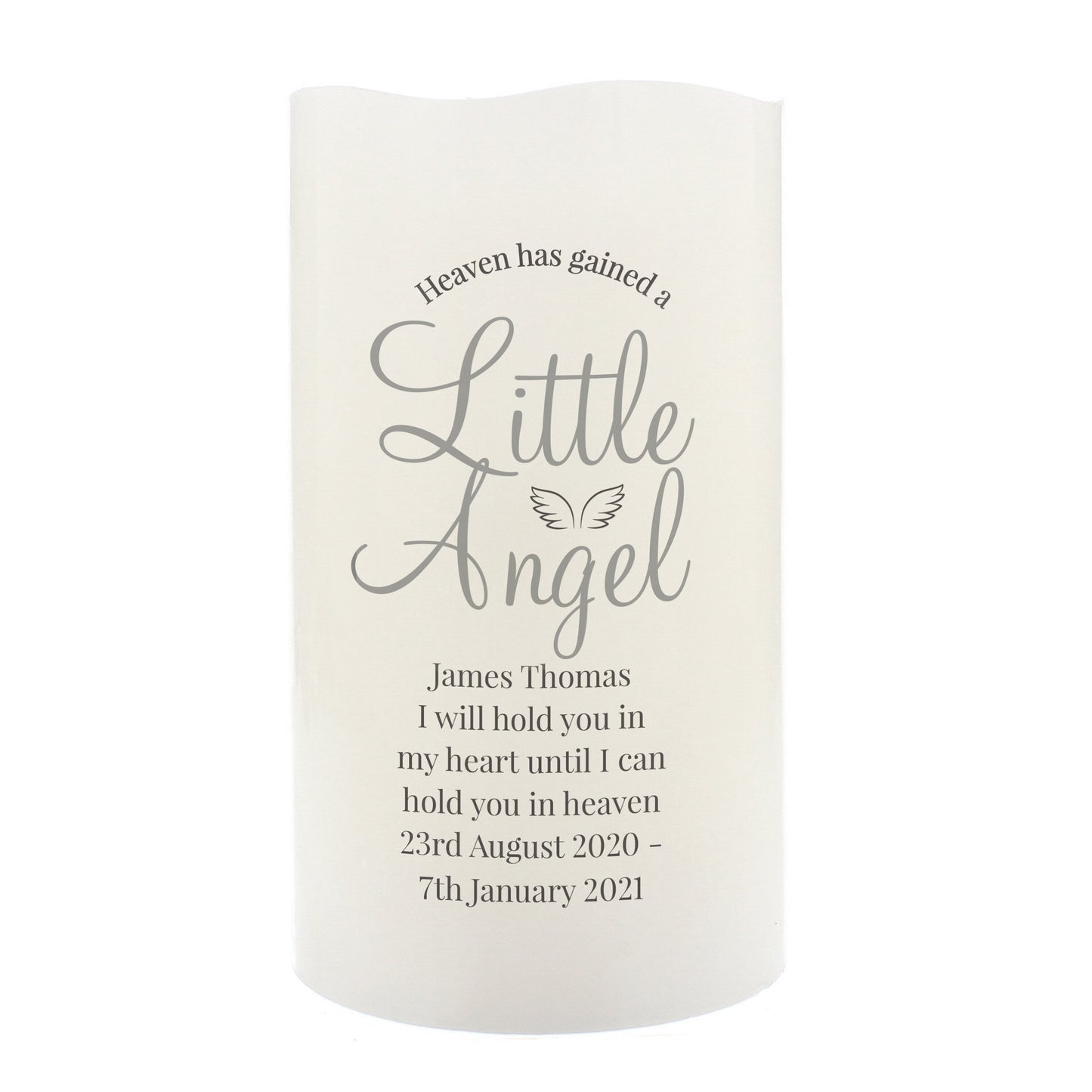 Personalised Memorial LED Candle, 'Heaven Has Gained A Little Angel' Sentiment