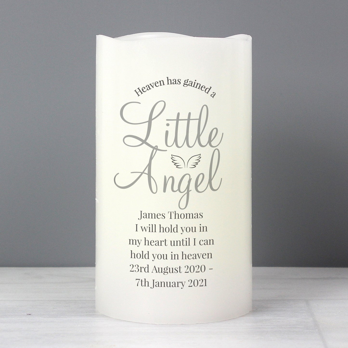 Personalised Memorial LED Candle, 'Heaven Has Gained A Little Angel' Sentiment