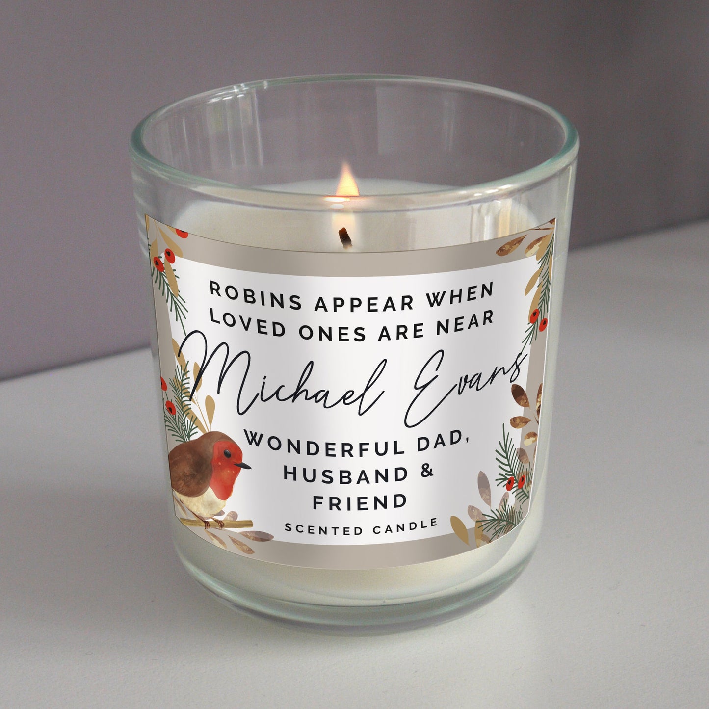 Personalised Robins Appear Memorial Scented Jar Candle