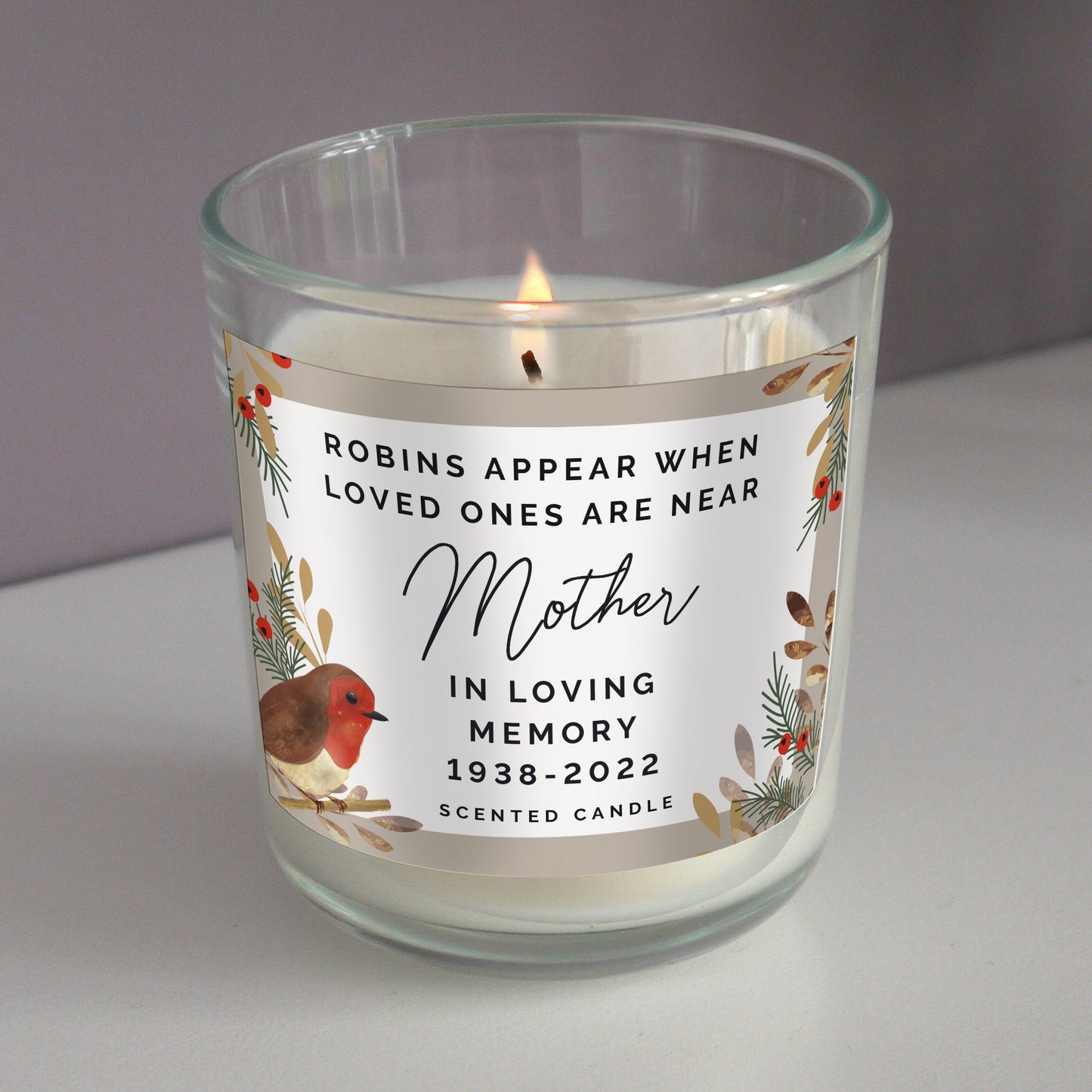 Personalised Robins Appear Memorial Scented Jar Candle