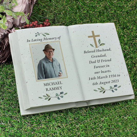 Personalised Memorial Book Style with Cross Photo Upload Resin Book