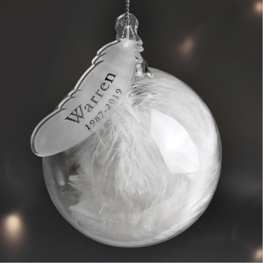 Personalised White Feather Name & Date Glass Bauble