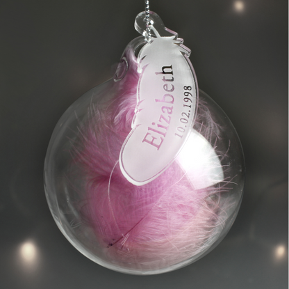 Personalised Pink Feather Name & Date Glass Bauble