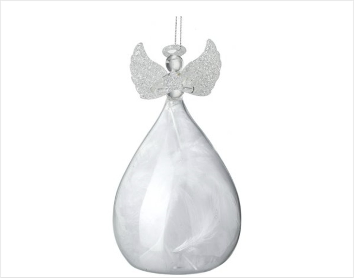Personalised Memorial Ornament. Clear Glass Angel With Glitter And Feathers.