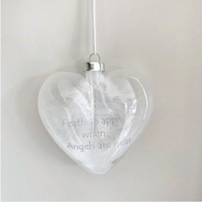 White Feather Filled Memorial Glass Heart Bauble 10cm