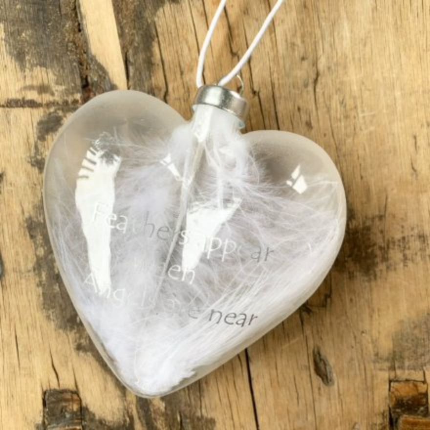 White Feather Filled Memorial Glass Heart Bauble 10cm