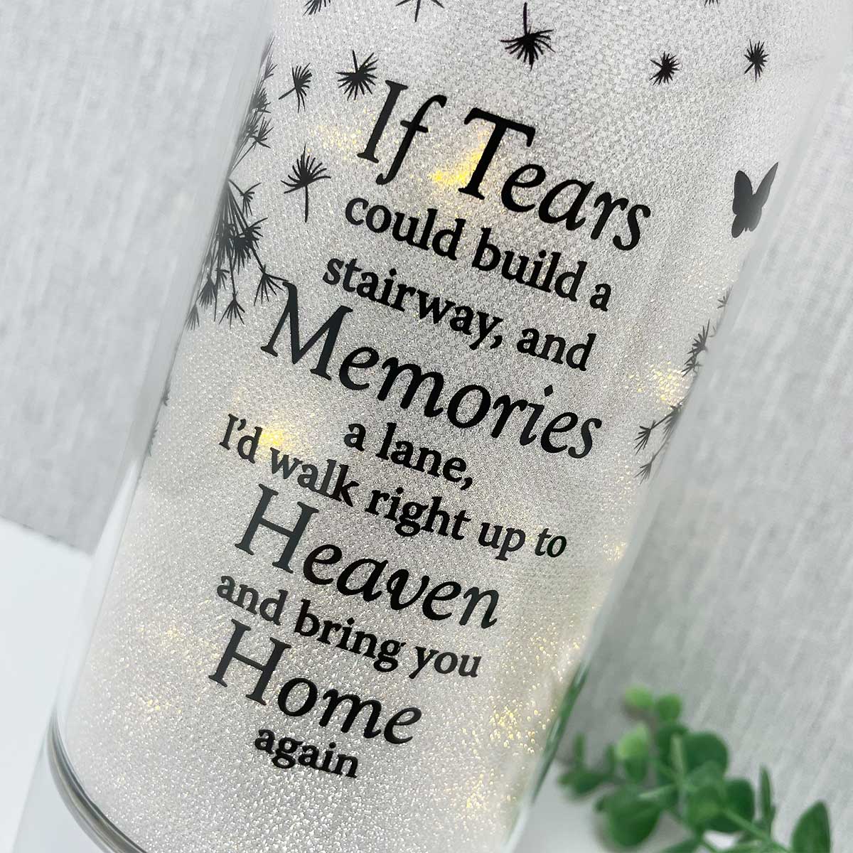 Memorial Indoor Cylinder Lantern. Butterfly & Dandelion Down. 'Build A Stairway'.