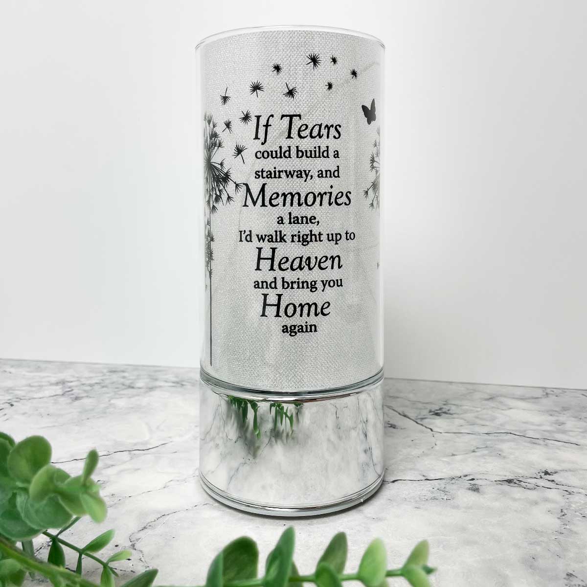 Memorial Indoor Cylinder Lantern. Butterfly & Dandelion Down. 'Build A Stairway'.