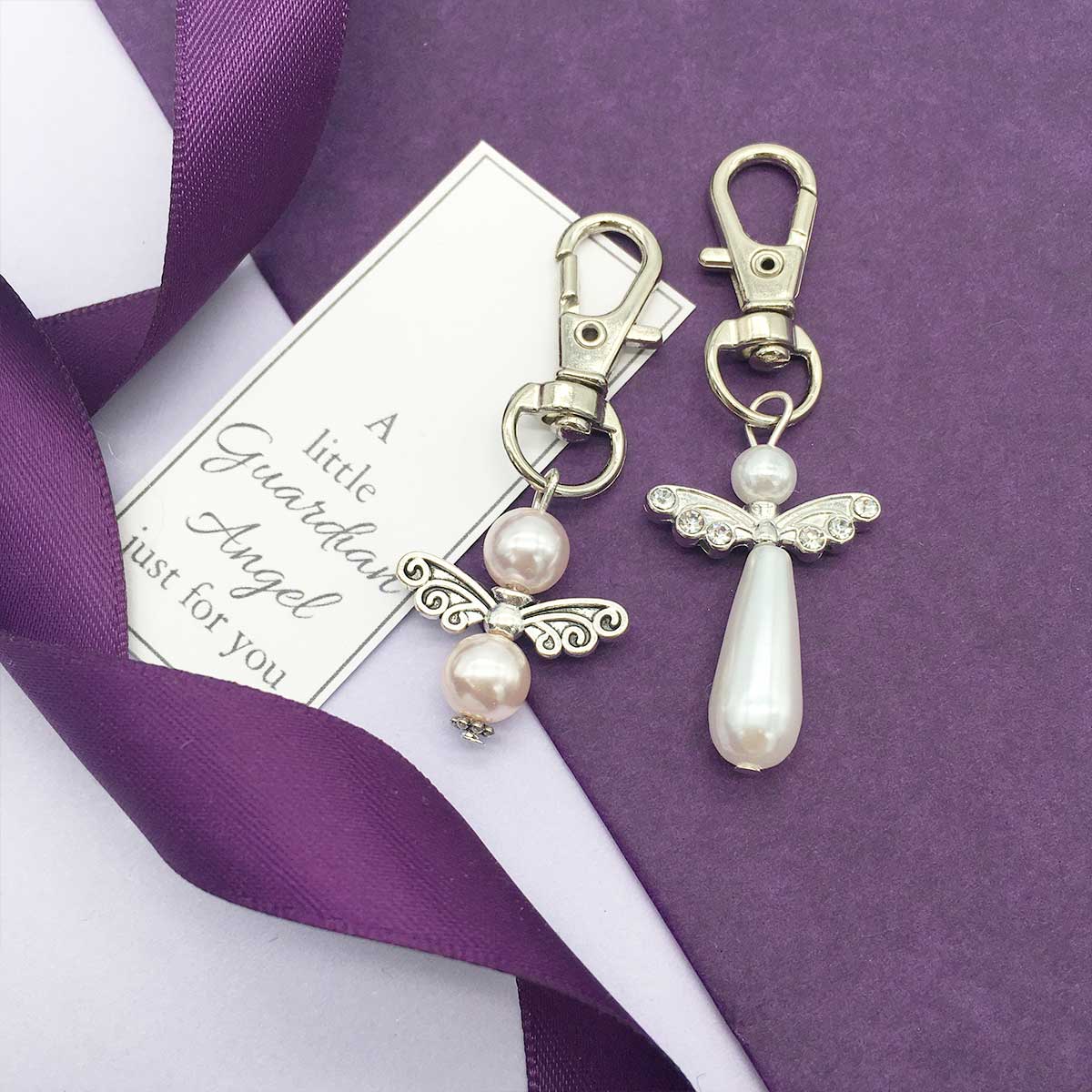 Memorial Keyring. Guardian Angel. Pearly Beads. Diamante Wings.