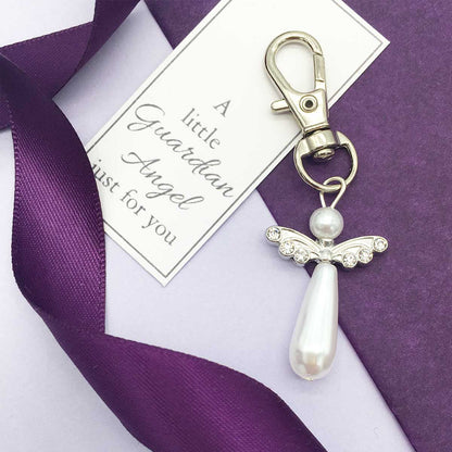 Memorial Keyring. Guardian Angel. Pearly Bead & Diamante Wings.