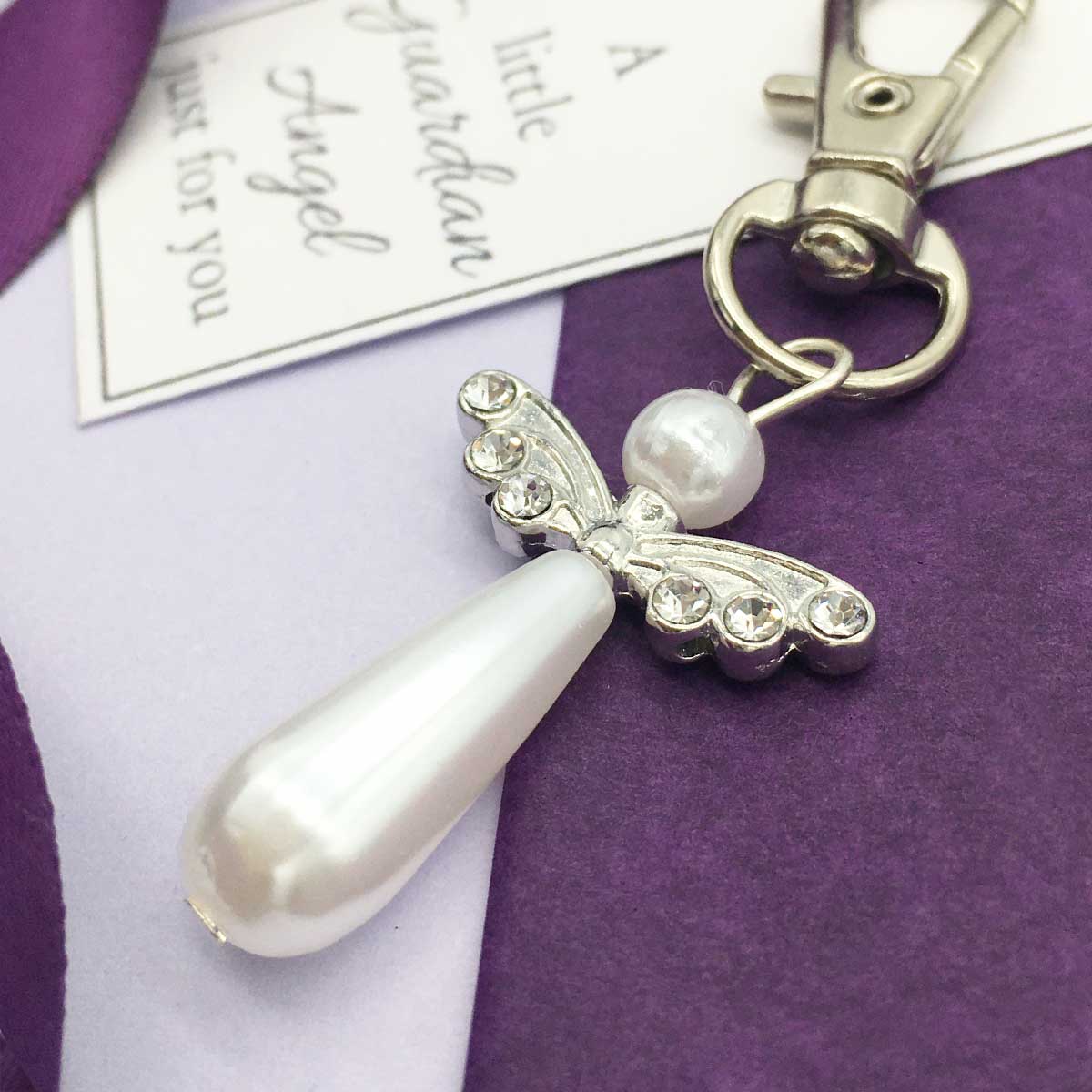 Memorial Keyring. Guardian Angel. Pearly Beads. Diamante Wings.