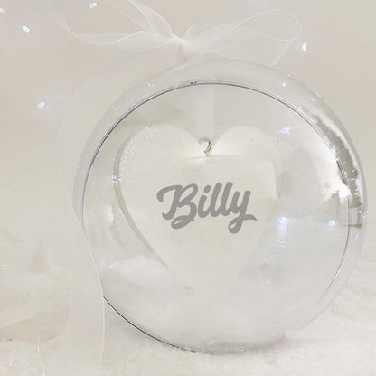 Personalised Memorial Bauble. Acrylic. 'Feathers appear when loved ones are near'.