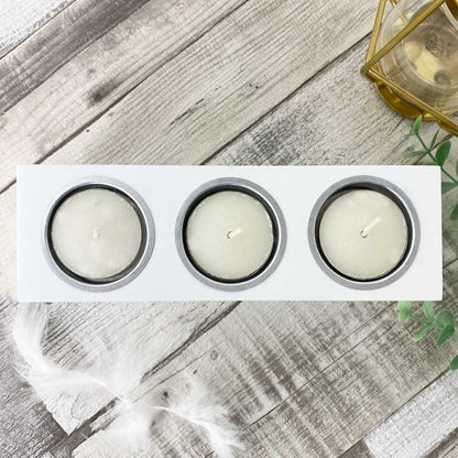 'Feathers Appear' white wooden triple tea light holder