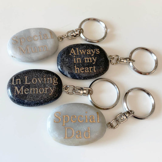 Memorial Keyring. Marble Pebble Engraved With Your Choice of Message.