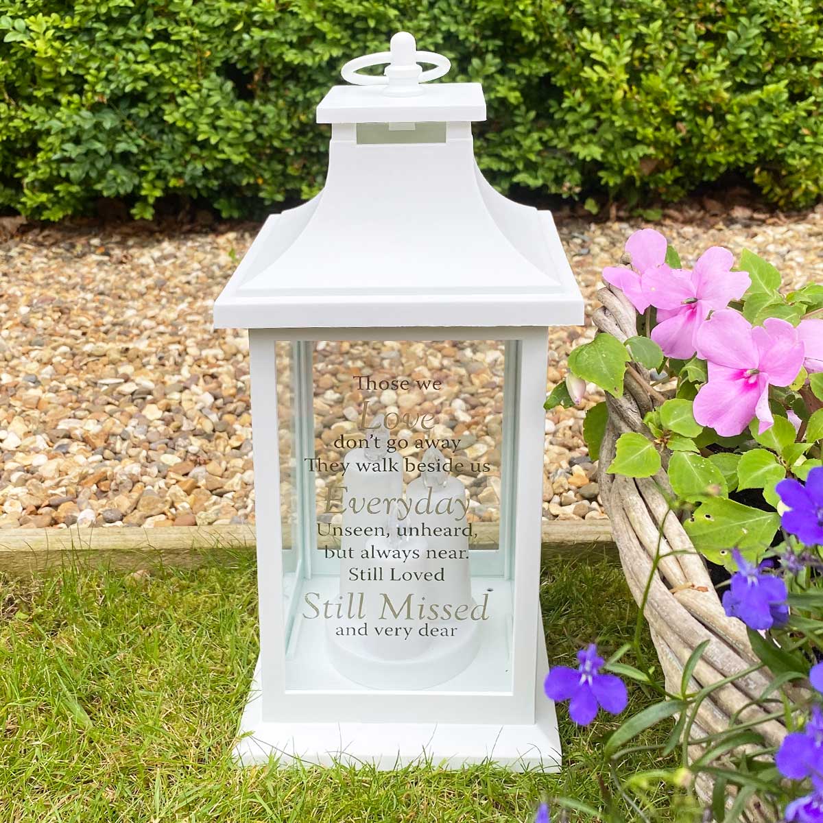 Memorial Lantern, 3 LED Candles, White, 'Still Loved, Still Missed' Sentiment