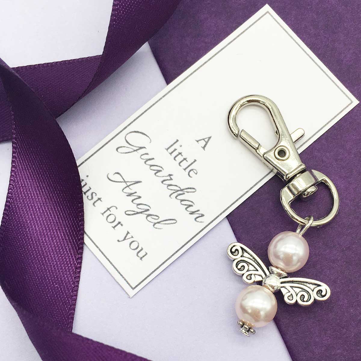 Memorial Keyring. Guardian Angel. Pearly Beads. Silver Wings. Baby Or Child.